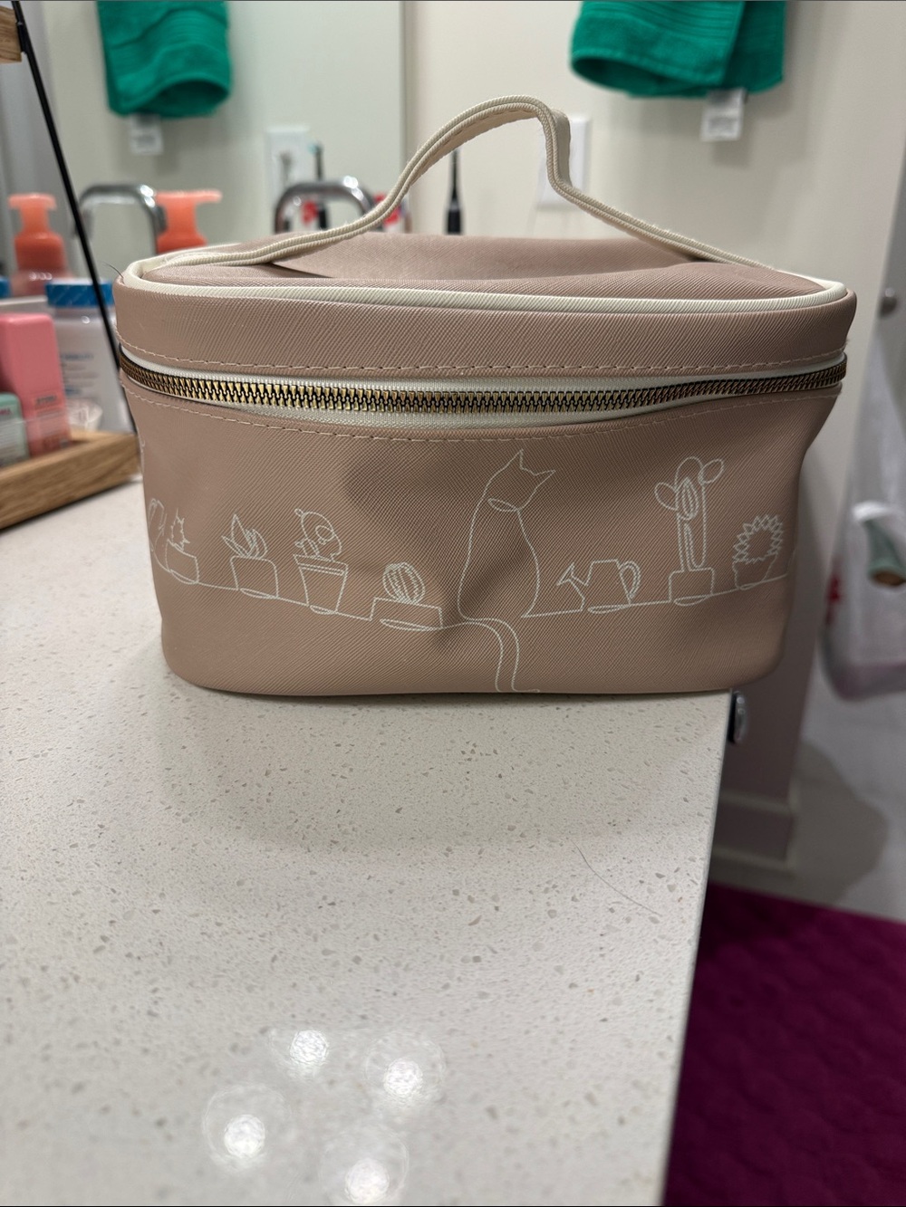 Beige Cat & Cactus Travel Cosmetic Case with Top Handle